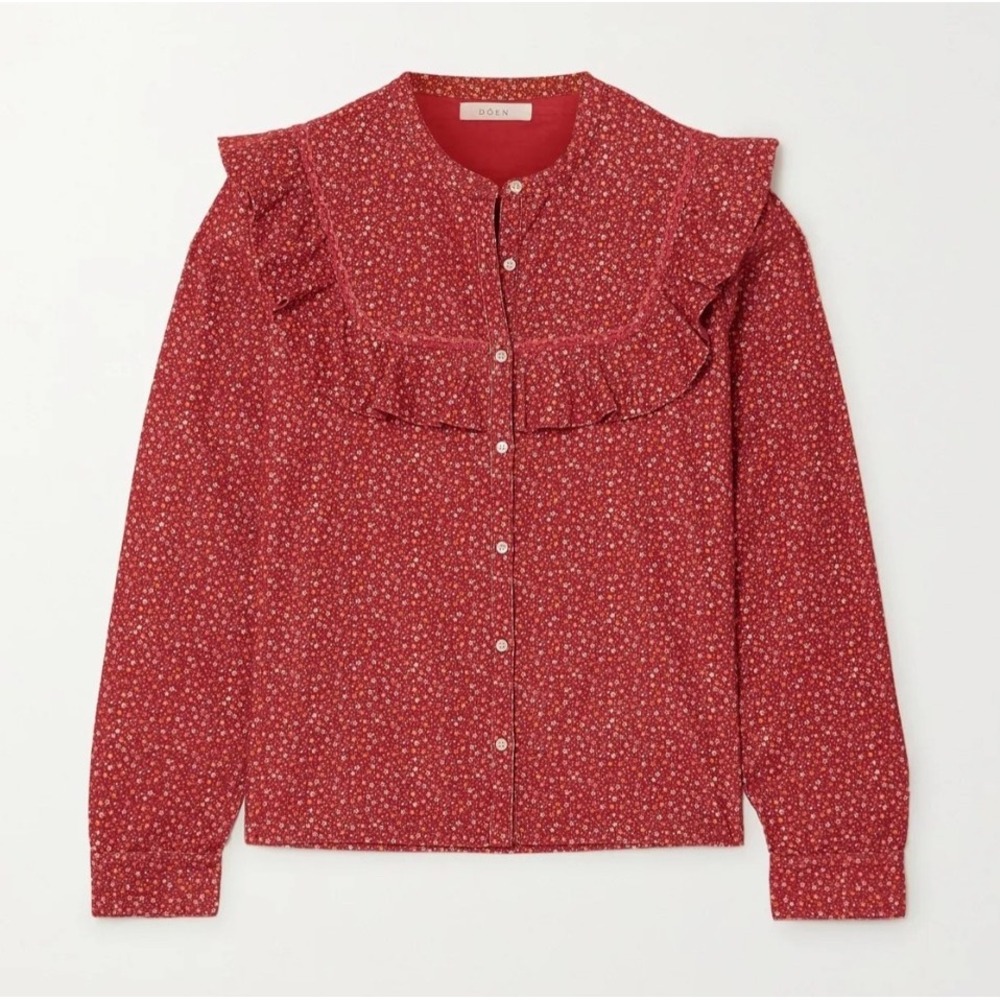 DOEN Austen Ruffled Floral Print Cotton Corduroy Blouse Red Long Sleeve Large